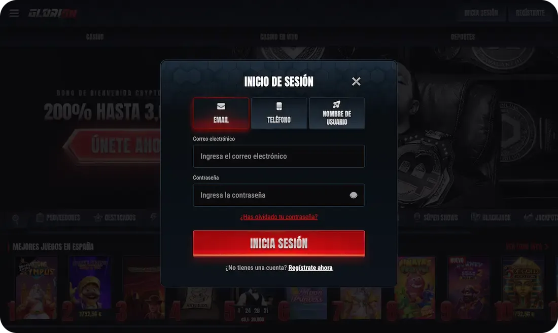 email iniciar sesión en el casino glorion