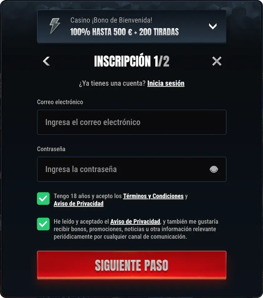 registro en el casino glorion