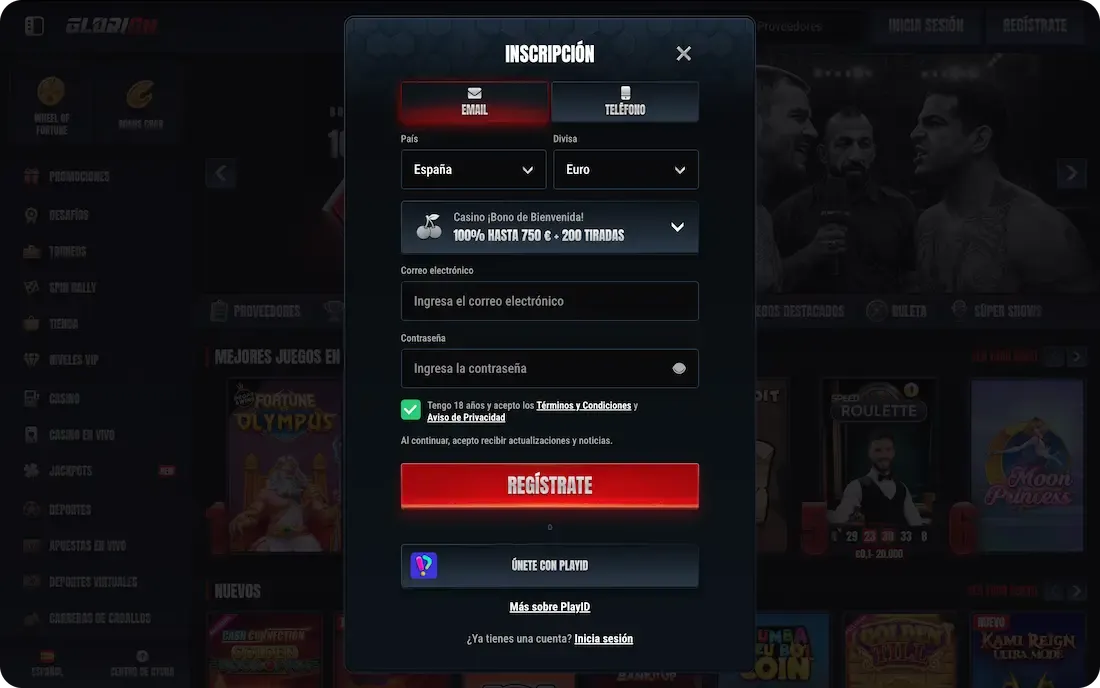 registro en el casino glorion