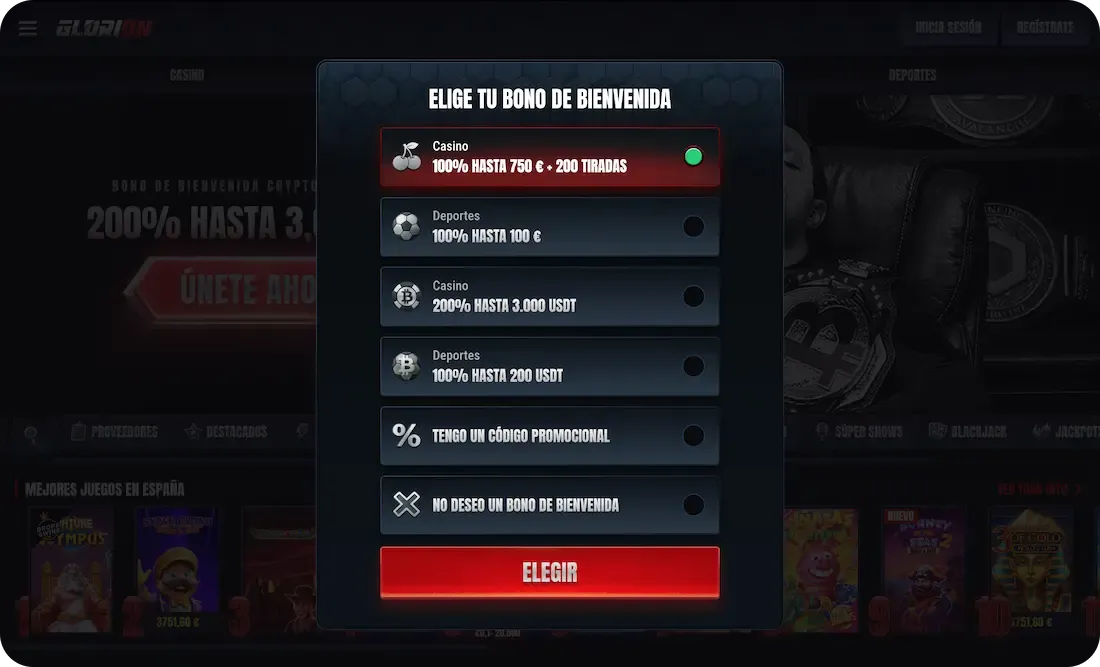 bono de bienvenida del casino glorion